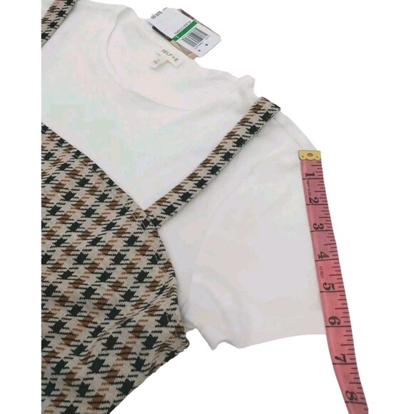 Self Esteem Women's Juniors' Printed Layer-Look Top Beige Large Plaid Coord New - Picture 13 of 16